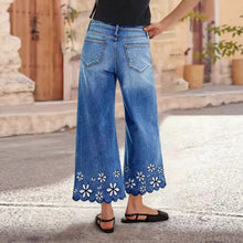 Load image into Gallery viewer, Chrysanthemum Embroidered Cropped Denim Jeans – Women's Loose Straight-Leg