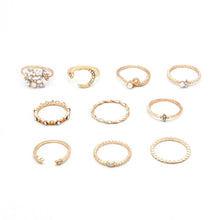 Load image into Gallery viewer, Mandotos Bohemian Star Moon Pearl Leaf 10-Piece Ring Set With Gold Finish And Stackable Designs