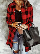 Load image into Gallery viewer, Deep Red Plaid Collared Neck Snap-Down Long Sleeve Jacket – Classic & Trendy Outerwear with Pockets