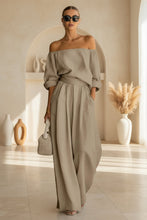 Load image into Gallery viewer, Women's Off-Shoulder Puff Sleeve Blouson Top & High-Rise Wide-Leg Pants Set