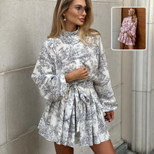 Load image into Gallery viewer, Ink Print Long Sleeve Short Dress With Fashion Puffy Sleeve Lapel Tie A-Line Dress Clothing