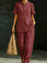 Load image into Gallery viewer, Three-Quarter Sleeve Shirt & Wide-Leg Pants Two-Piece Set – Solid Color Casual