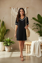 Load image into Gallery viewer, Women's Contrast-Color V-Neck A-Line Dress – Short Sleeve, Elegant, Mid-Rise