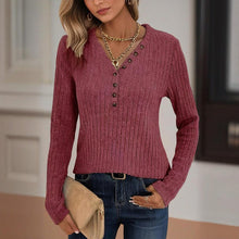 Load image into Gallery viewer, Women's Solid Color Button V-Neck Long Sleeve Knit Top