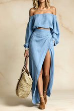 Load image into Gallery viewer, Women's Off-Shoulder Puff-Sleeve Crop Top & Wrap-Front High-Slit Maxi Skirt Set