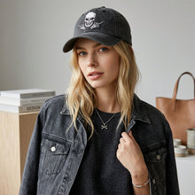 Load image into Gallery viewer, Washed Black Skull Embroidered Trucker Cap