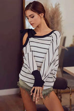 Load image into Gallery viewer, BiBi Stripe Yarn Dye Waffle One Shoulder Women's Top with Ribbon Detail