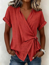 Load image into Gallery viewer, Women's Casual Lapel Collar Lace-Up Short-Sleeve Linen Top