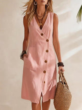Load image into Gallery viewer, Women's Resort V-Neck Sleeveless Asymmetrical-Button Midi Dress