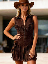 Load image into Gallery viewer, Women's Suede Western Tassel Sleeveless Slim-Fit Midi Dress