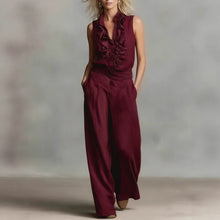 Load image into Gallery viewer, Women’s Linen Blend Two-Piece Set – Sleeveless Shirt & Wide-Leg Pants