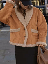 Load image into Gallery viewer, Fuzzy Collared Neck Long Sleeve Jacket with Buttoned Closure and Cozy Pockets