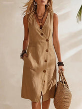Load image into Gallery viewer, Women's Resort V-Neck Sleeveless Asymmetrical-Button Midi Dress