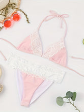 Load image into Gallery viewer, Riviera Glow Color Block Halter Bikini Set for Women – Deep V-Neck Lace Trim Two-Piece Flattering Swimsuit with Adjustable Tie Back & High-Cut Bottoms – Ultra-Stretch Polyamide Swimwear for Confident Summer Style