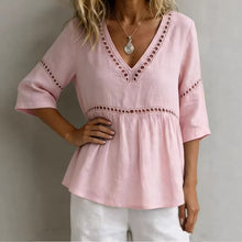 Load image into Gallery viewer, Women's V-Neck Hollow-Out Fringe Cotton-Linen Top