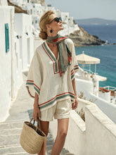 Load image into Gallery viewer, Women's Striped Linen V-Neck Top & Shorts Set with Embroidered Neckline
