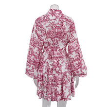 Load image into Gallery viewer, Ink Print Long Sleeve Short Dress With Fashion Puffy Sleeve Lapel Tie A-Line Dress Clothing