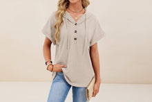 Load image into Gallery viewer, Women's Waffle Knit Hooded Short-Sleeve Top – Drawstring Button Pullover