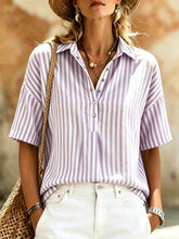 Load image into Gallery viewer, Women's Striped Short-Sleeve Shirt with Turn-Down Collar