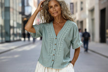 Load image into Gallery viewer, Women's Loose-Fit Faux Linen Embroidered Button-Up Top
