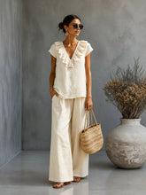 Load image into Gallery viewer, Women's V-Neck Ruffled Hem Top & Wide-Leg Pants Two-Piece Set