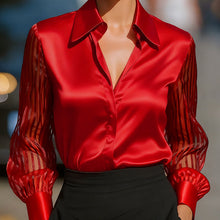 Load image into Gallery viewer, Women’s Satin Lapel Collar Blouse – Sheer Long Sleeve Button-Down Shirt for Office & Spring/Autumn Wear