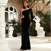 Load image into Gallery viewer, Long Sleeve Diagonal Collar Sexy Cutout Banquet Sheath Velvet Evening Dress