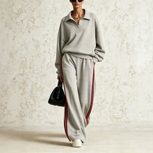 Load image into Gallery viewer, Women's Polo-Collar Oversized Sweatshirt & Side-Stripe Wide-Leg Pants Set