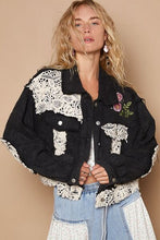 Load image into Gallery viewer, Fashionable Black Button-Up Jacket With Crochet Patches and Embroidery Unique Design Jacket