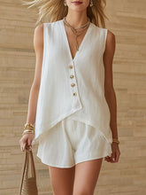 Load image into Gallery viewer, Women's Cotton-Linen V-Neck Button Sleeveless Top & Shorts Set