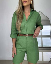 Load image into Gallery viewer, Women's Casual Long-Sleeve Shirt & Shorts Set – Cotton 2-Piece