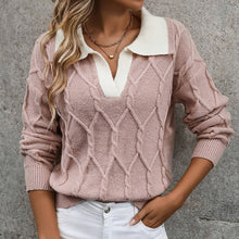 Load image into Gallery viewer, 🧶 Women’s Lapel V-Neck Color-Block Long-Sleeve Pullover Sweater
