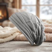 Load image into Gallery viewer, Wool Pleated Cuffed Knit Beanie – Flat Top Grid Pattern Winter Hat