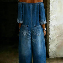 Load image into Gallery viewer, Women's Off-Shoulder Washed Faux Denim Strap Overalls Jumpsuit