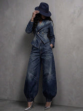 Load image into Gallery viewer, Women's Washed Distressed Denim Asymmetric Double-Breasted Jacket & Balloon-Leg Trouser Set