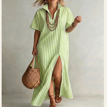 Load image into Gallery viewer, Women's Striped Slit Maxi Dress – V-Neck Short Sleeve