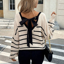 Load image into Gallery viewer, Women’s Striped V-Neck Sweater with Back Bow