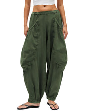 Load image into Gallery viewer, Tomosc Harem Pants for Women Casual Loose Palazzo Elastic Waisted Cotton Linen Wide Leg Pants with Pockets (10W-ArmyGreen-L) - # GIAA23410016
