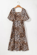 Load image into Gallery viewer, Brown Leopard Print Puff Sleeve Ricrac Maxi Dress