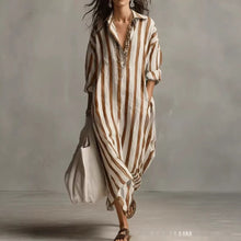 Load image into Gallery viewer, Striped Lapel Collar Dress – Side Slits & Pockets