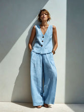 Load image into Gallery viewer, Linen Blend V-Neck Buttoned Vest & High-Waist Wide-Leg Pants Set – 5 Colors S–3XL
