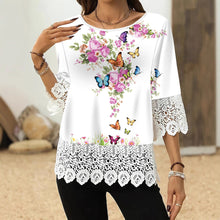 Load image into Gallery viewer, Printed Patchwork Three-Quarter Sleeve Top – Women's Loose Fit Pullover
