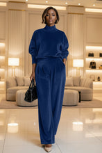 Load image into Gallery viewer, Women's Mock Turtleneck Balloon Sleeve Top & Pleated Wide-Leg Trousers Set