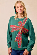 Load image into Gallery viewer, BiBi Plaid Ribbon Bow Detail Christmas Fleece Pullover