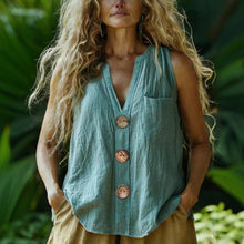 Load image into Gallery viewer, Cotton-Linen Sleeveless V-Neck Button Shirt – 3 Colors, S–2XL