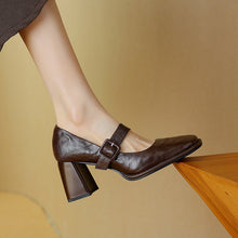 Load image into Gallery viewer, Women's Sheepskin Mary Jane Heels – Square Toe Chunky Heel Buckle Pumps