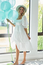 Load image into Gallery viewer, New Summer Dot Flounce Sleeve Smocked Tiered Midi Dress – Fluttering, Charming Swiss Dot Dress with Flounce Sleeves, Smocked Waist, and Tiered Design