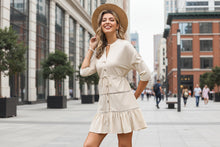 Load image into Gallery viewer, Women's V-Neck A-Line Dress – Three-Quarter Sleeve Button Contrast Panel