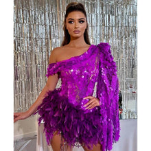 Load image into Gallery viewer, Purple Sequined Feather Skirt One-shoulder Sleeve Short Dress Luxury Party Stage Performance Dress