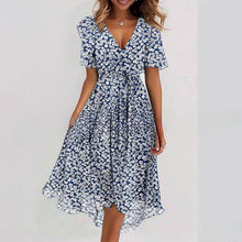 Load image into Gallery viewer, Floral Print A-Line Dress – V-Neck Short Sleeve Midi Dress